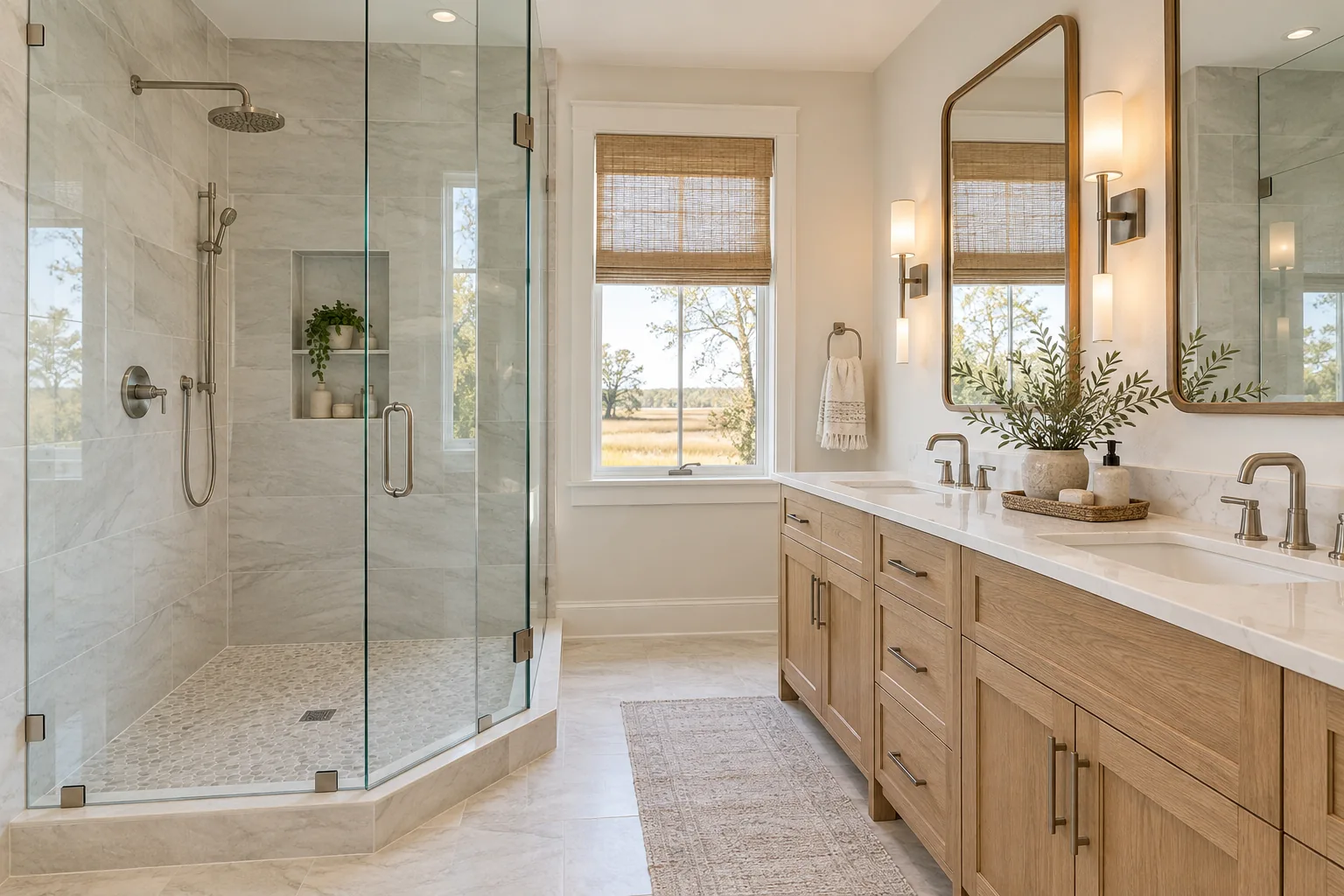 Oak double vanity beside a glass walk-in shower