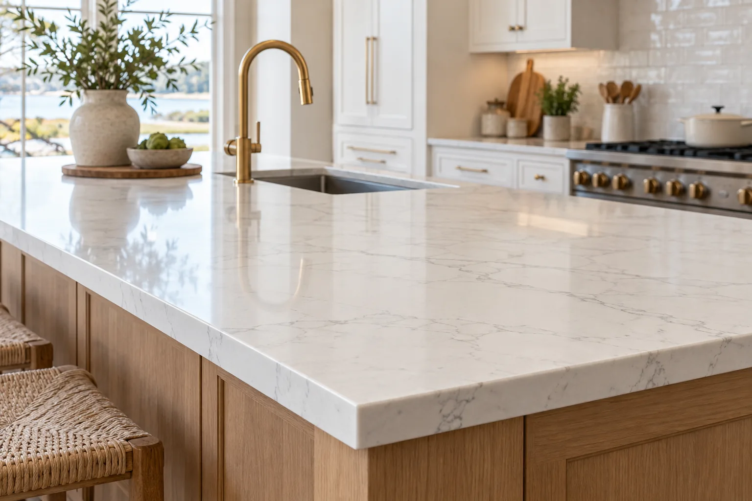 White quartz island countertop with a polished eased edge