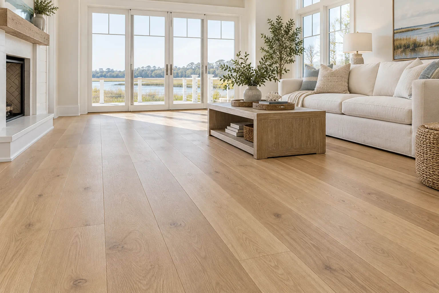 Light oak plank flooring in a sunlit living room