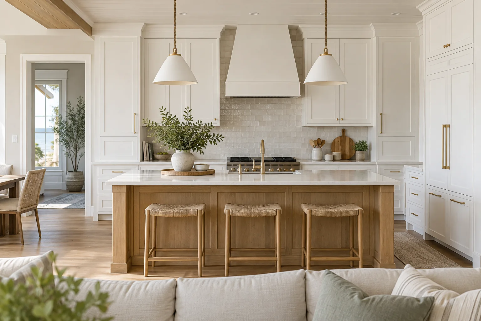 Warm white kitchen with an oak island and quartz countertops