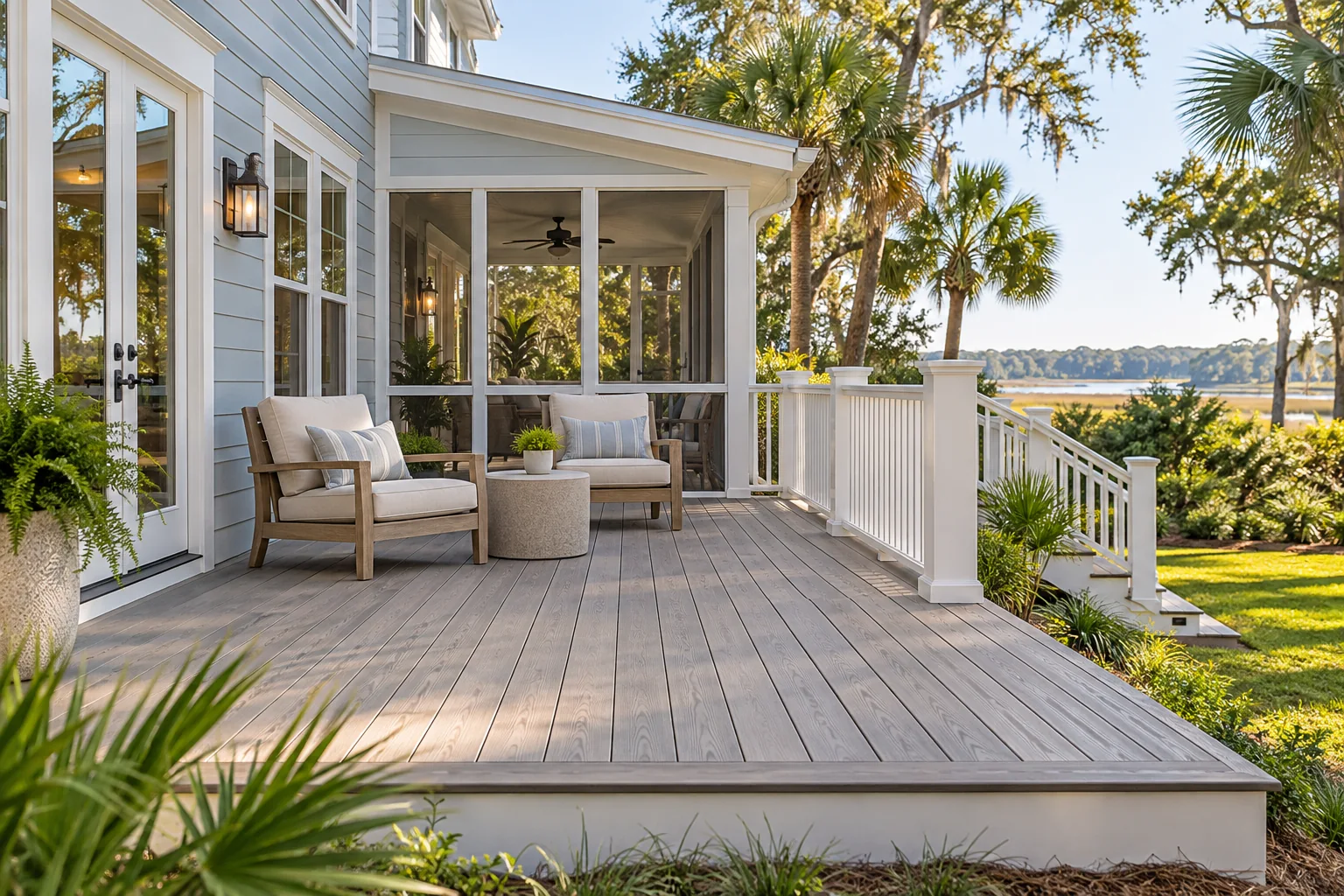 Composite deck beside a coastal home's screened porch