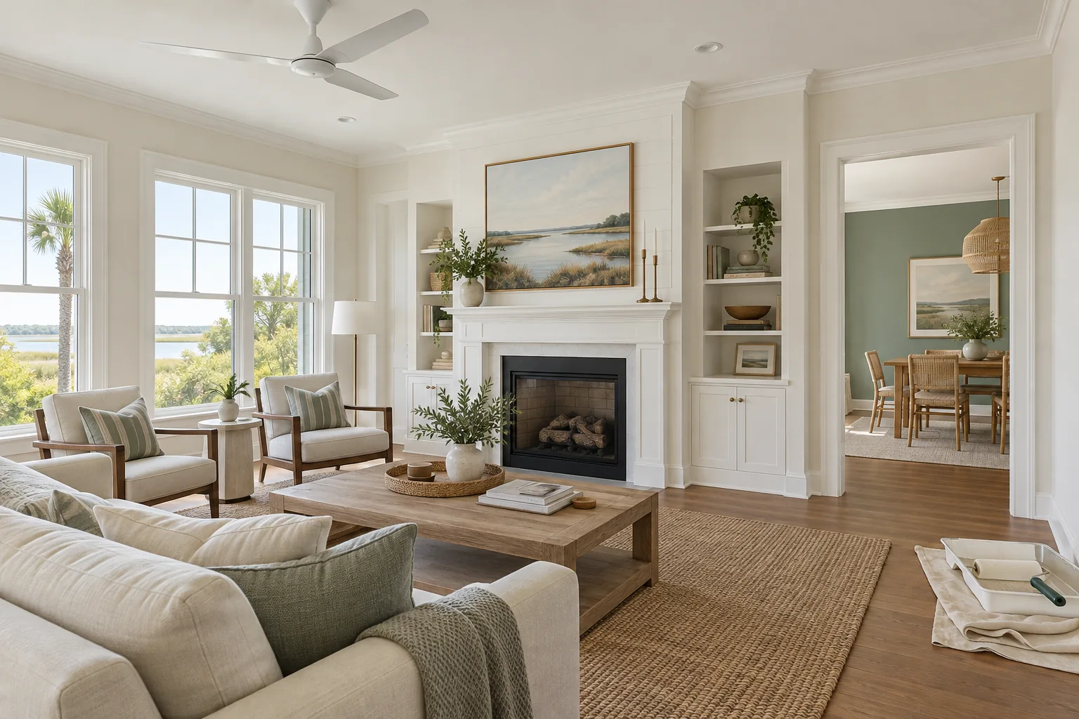 Freshly painted walls and crisp white trim in a coastal home