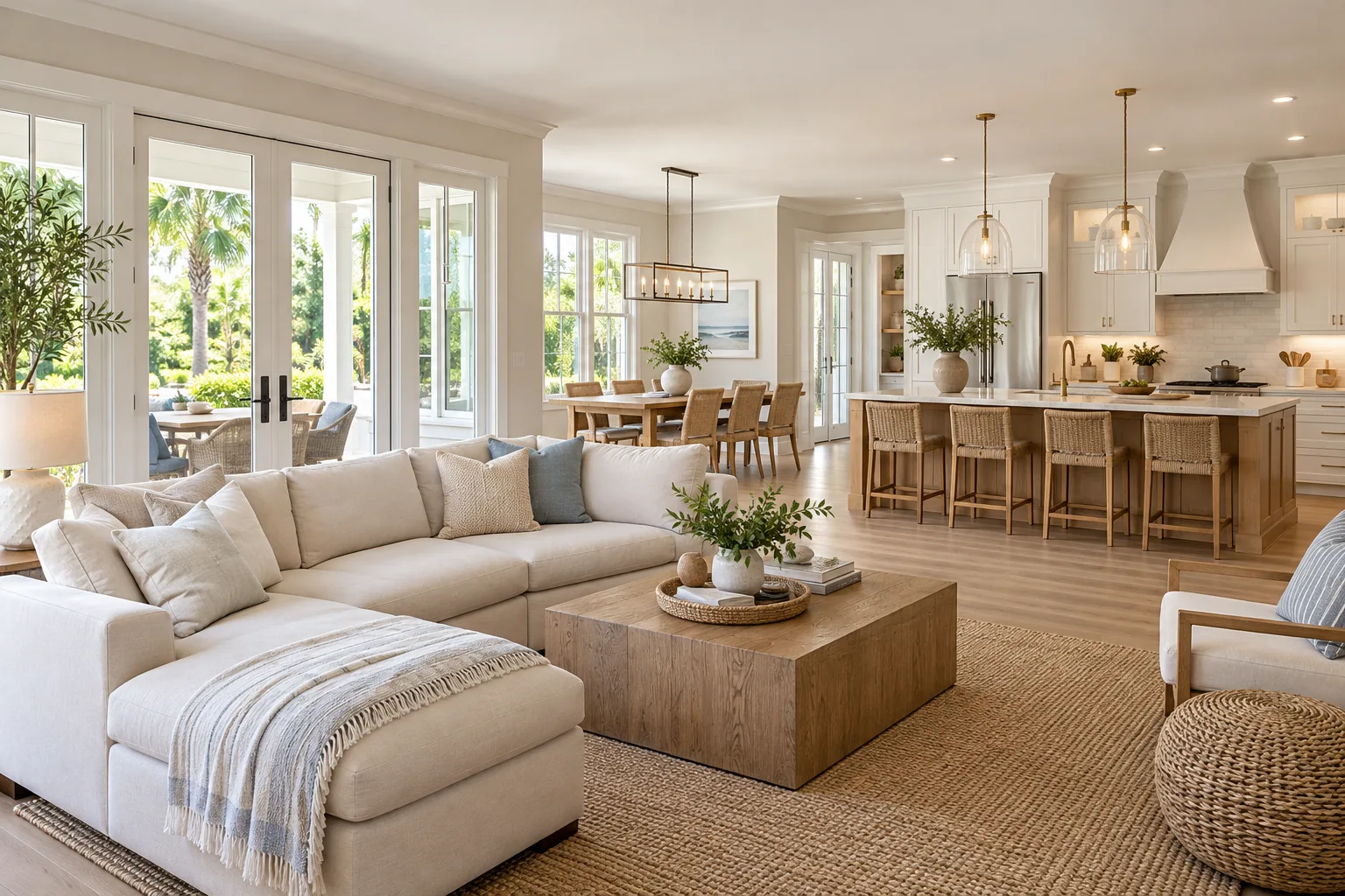 Renovated open-plan living, dining and kitchen spaces