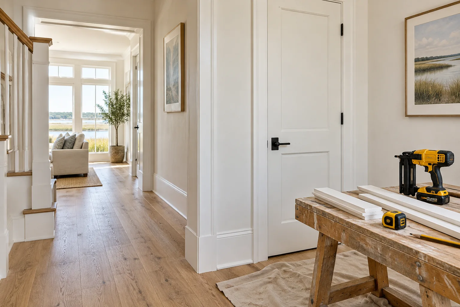 Interior door casing and baseboard repair in a bright hallway