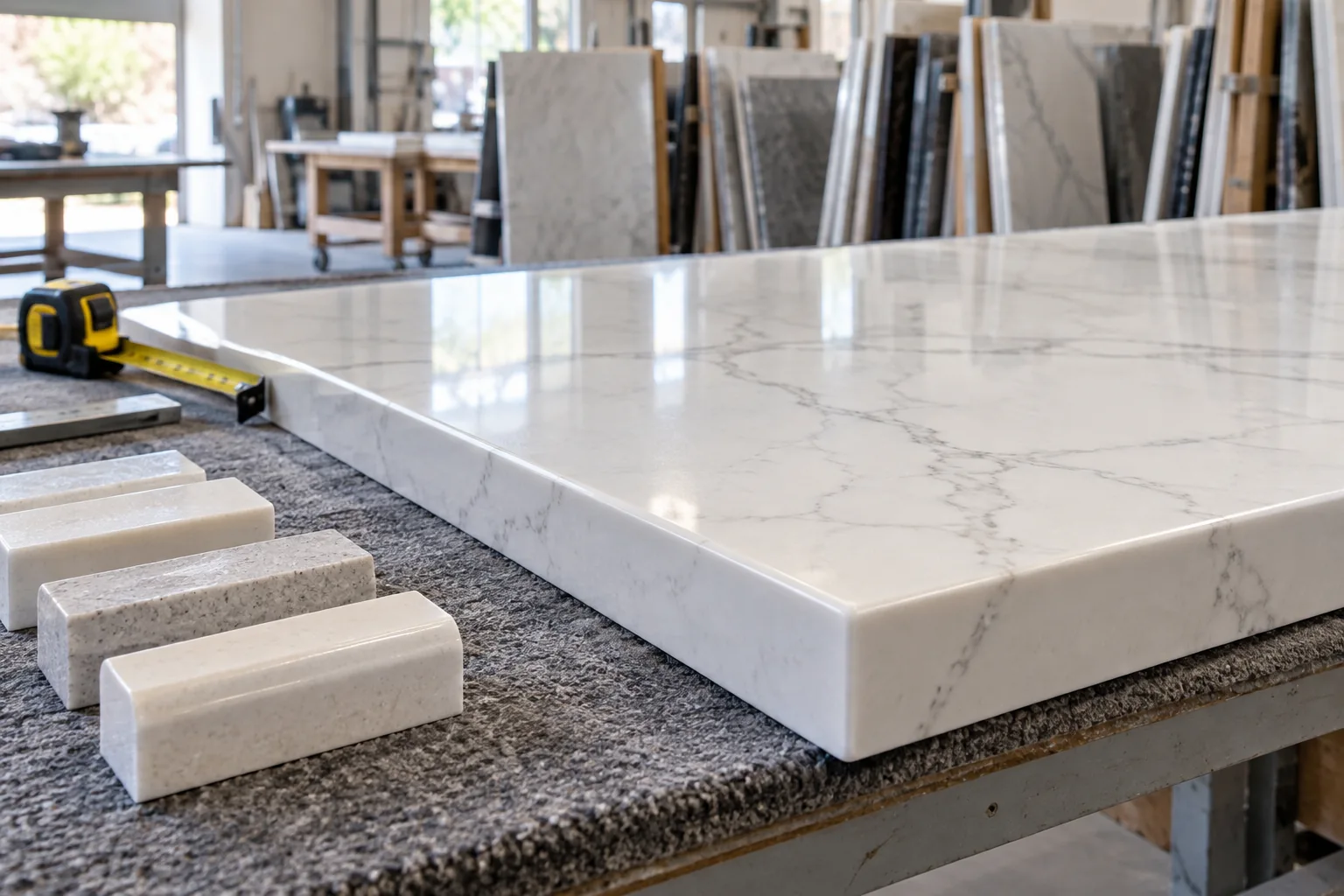 Polished quartz edge and stone samples on a fabrication bench